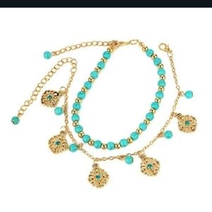 Beautiful Green Beaded 2 PC Anklet Set w/Gold Dangles